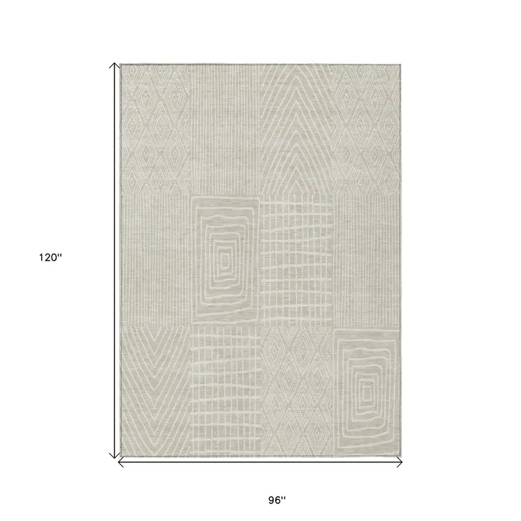 8' X 10' Beige And Ivory Geometric Washable Indoor Outdoor Area Rug