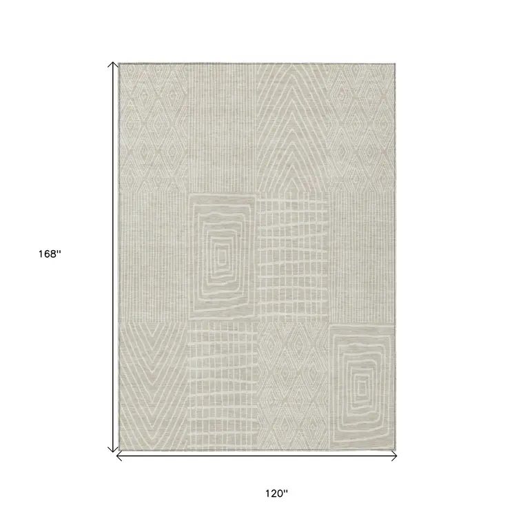 10' X 14' Beige And Ivory Geometric Washable Indoor Outdoor Area Rug