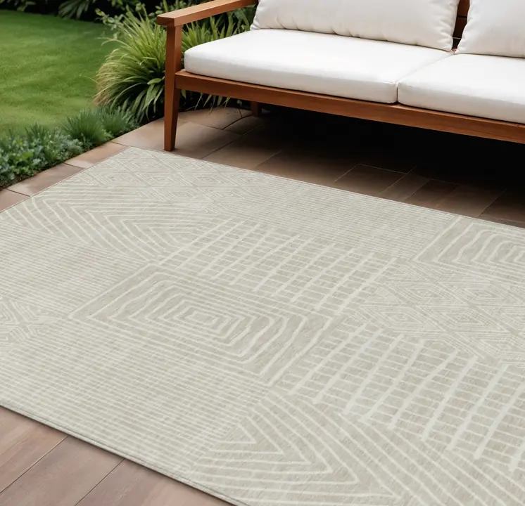 10' X 14' Beige And Ivory Geometric Washable Indoor Outdoor Area Rug