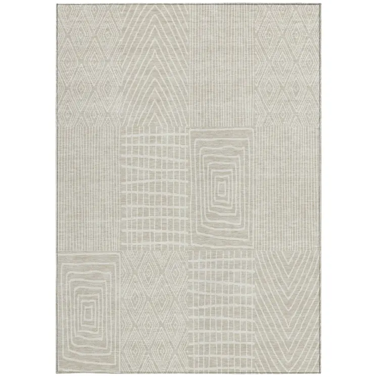 10' X 14' Beige And Ivory Geometric Washable Indoor Outdoor Area Rug