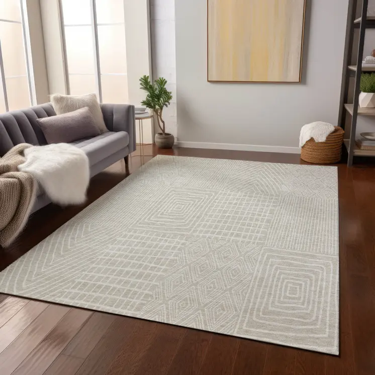 10' X 14' Beige And Ivory Geometric Washable Indoor Outdoor Area Rug