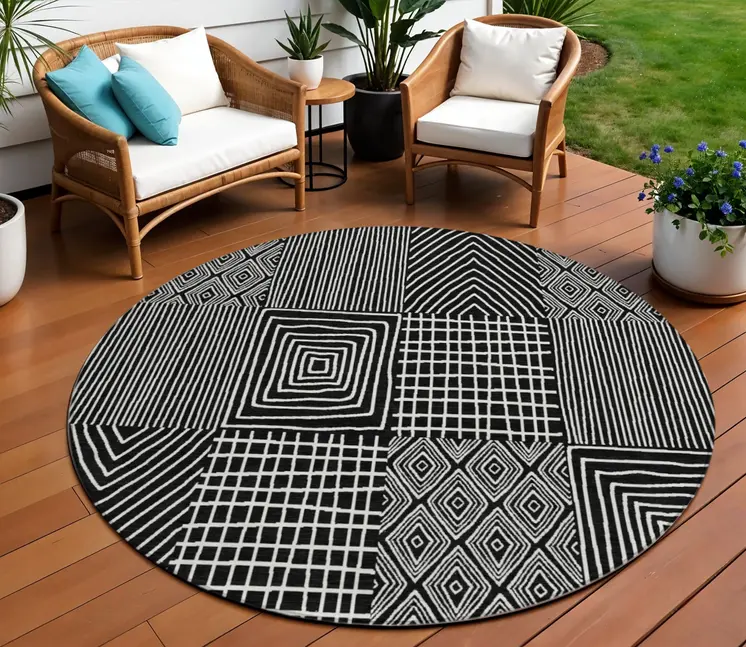 8' Black And Ivory Round Geometric Washable Indoor Outdoor Area Rug