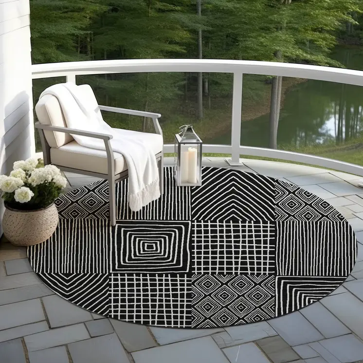 8' Black And Ivory Round Geometric Washable Indoor Outdoor Area Rug