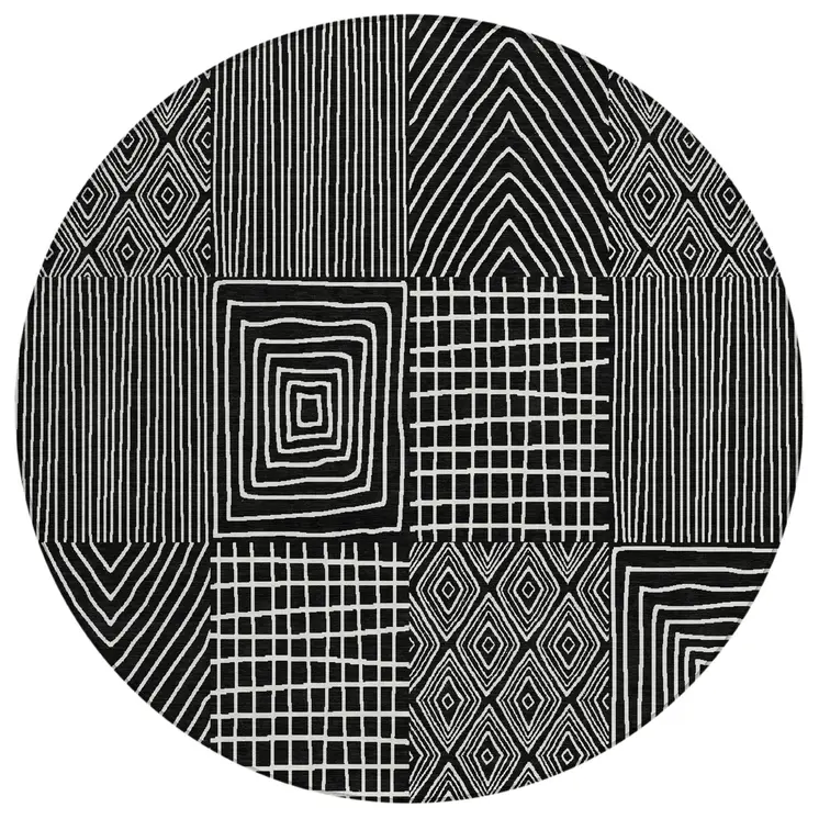 8' Black And Ivory Round Geometric Washable Indoor Outdoor Area Rug