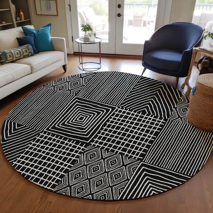 8' Black And Ivory Round Geometric Washable Indoor Outdoor Area Rug