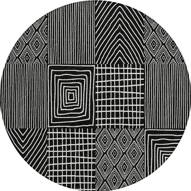 8' Black And Ivory Round Geometric Washable Indoor Outdoor Area Rug