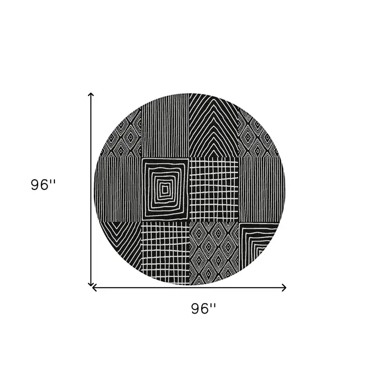 8' Black And Ivory Round Geometric Washable Indoor Outdoor Area Rug