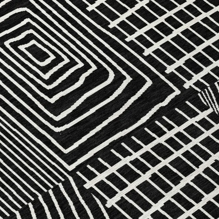 8' X 10' Black And Ivory Geometric Washable Indoor Outdoor Area Rug