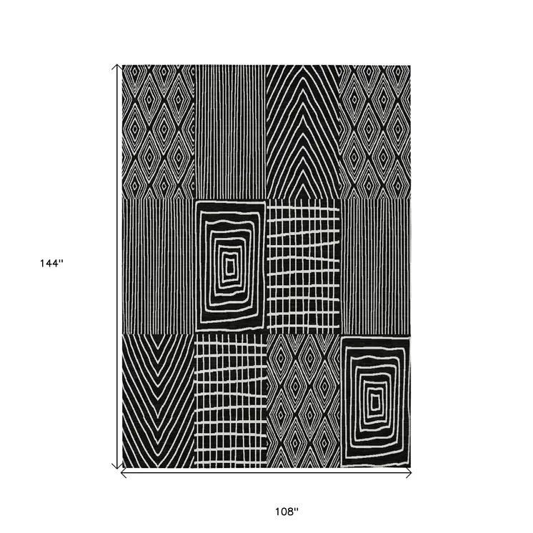 9' X 12' Black And Ivory Geometric Washable Indoor Outdoor Area Rug