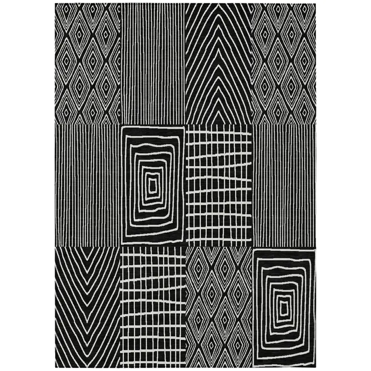9' X 12' Black And Ivory Geometric Washable Indoor Outdoor Area Rug