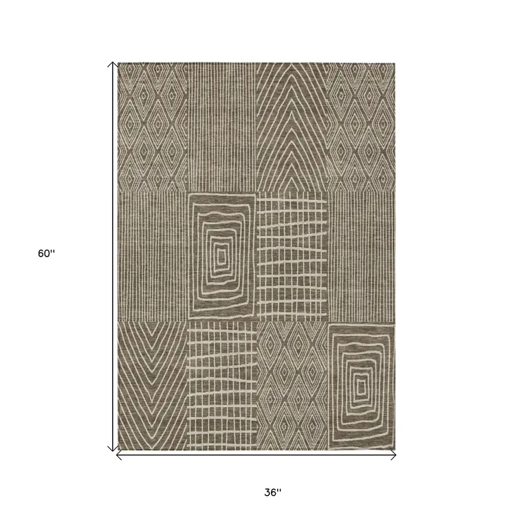 3' X 5' Brown And Beige Geometric Washable Indoor Outdoor Area Rug