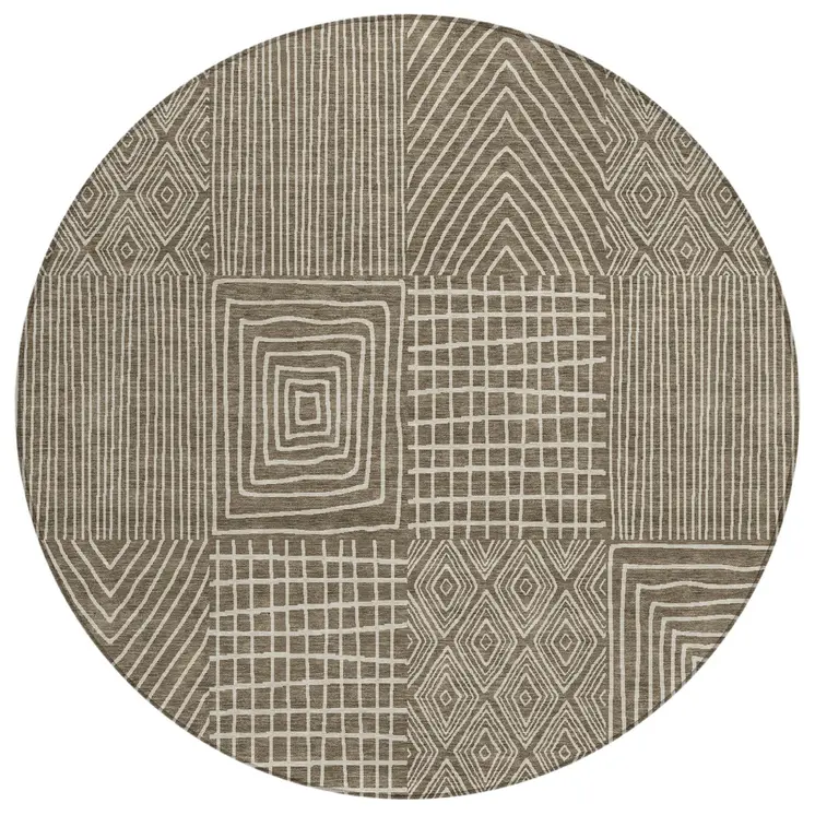 8' Brown And Beige Round Geometric Washable Indoor Outdoor Area Rug