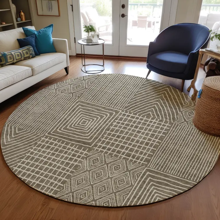 8' Brown And Beige Round Geometric Washable Indoor Outdoor Area Rug