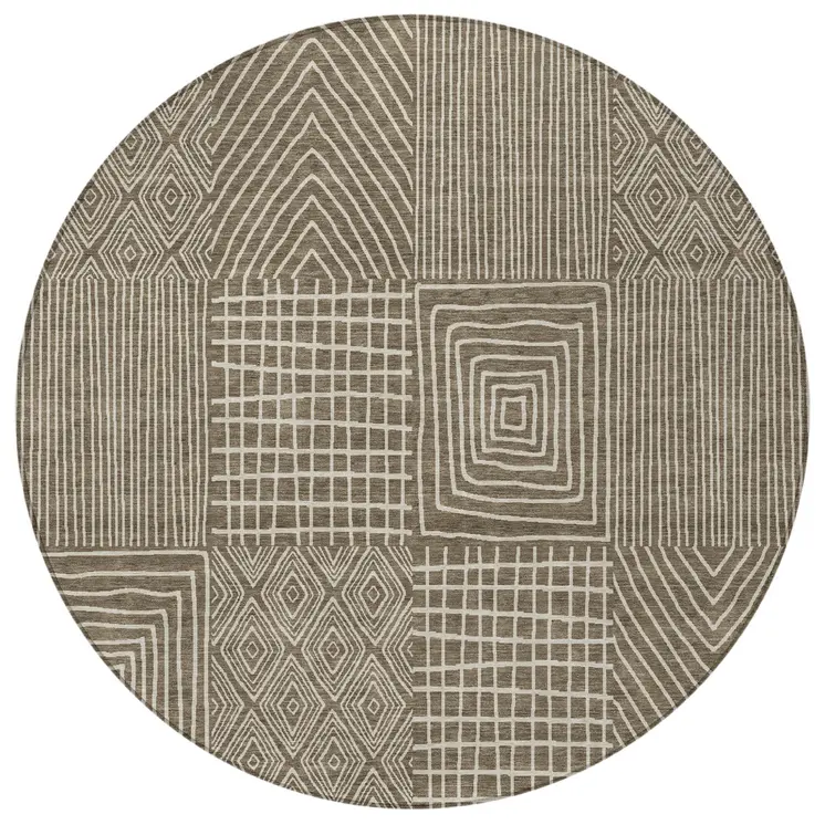 8' Brown And Beige Round Geometric Washable Indoor Outdoor Area Rug