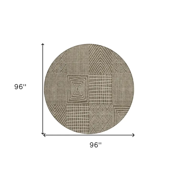 8' Brown And Beige Round Geometric Washable Indoor Outdoor Area Rug