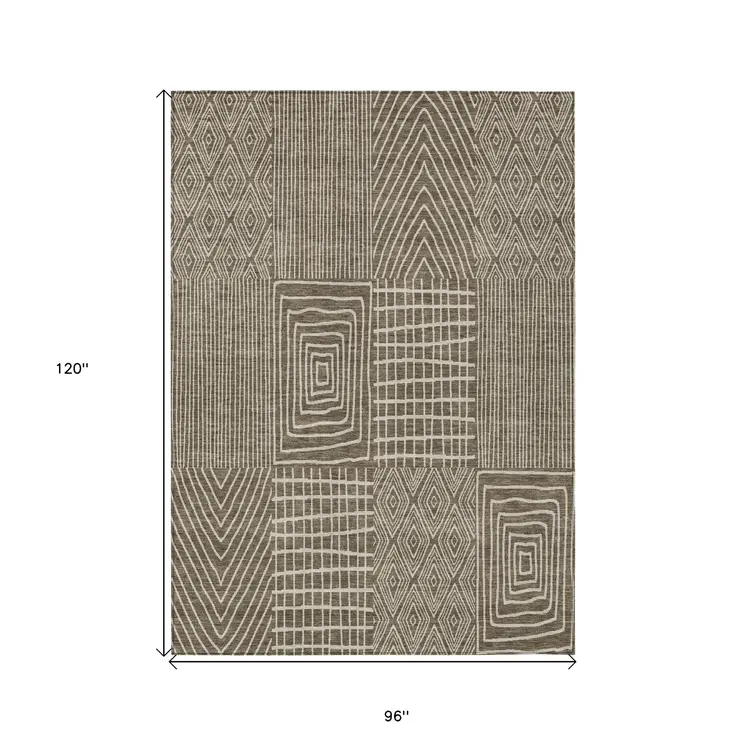 8' X 10' Brown And Beige Geometric Washable Indoor Outdoor Area Rug