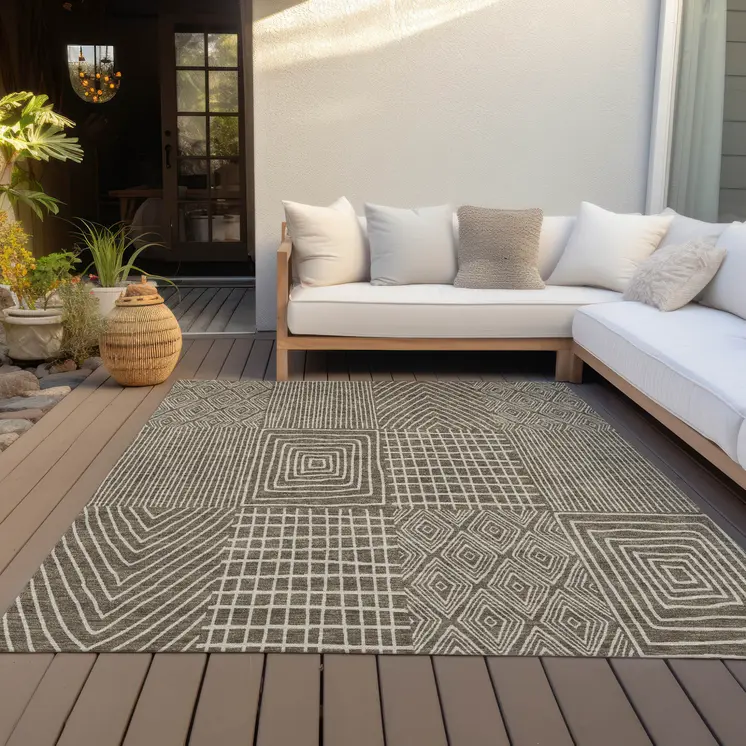 9' X 12' Brown And Beige Geometric Washable Indoor Outdoor Area Rug