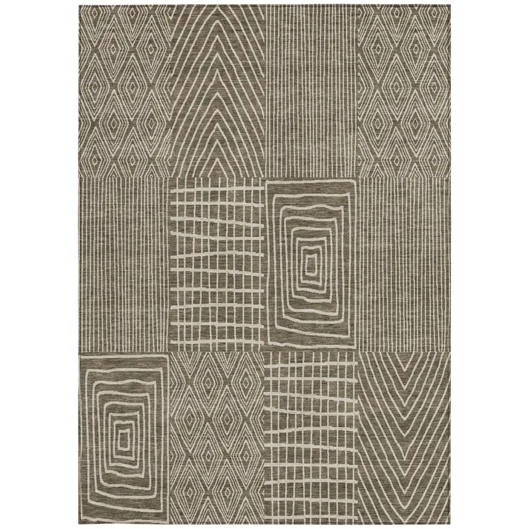 9' X 12' Brown And Beige Geometric Washable Indoor Outdoor Area Rug