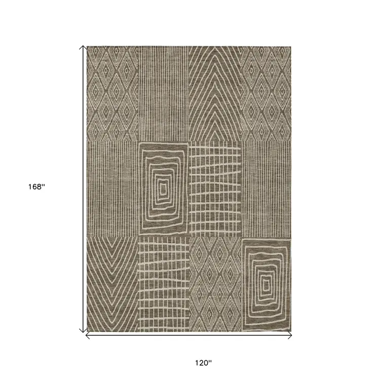 10' X 14' Brown And Beige Geometric Washable Indoor Outdoor Area Rug