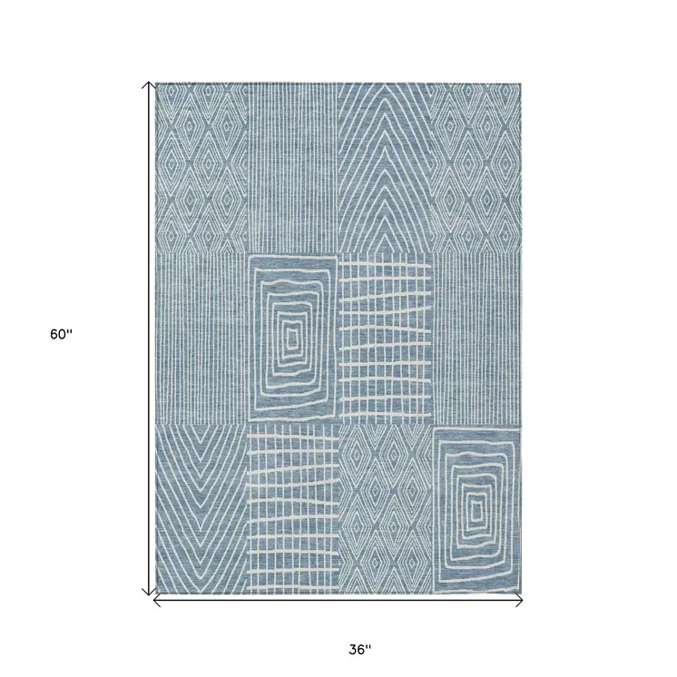 3' X 5' Denim Blue And Ivory Geometric Washable Indoor Outdoor Area Rug
