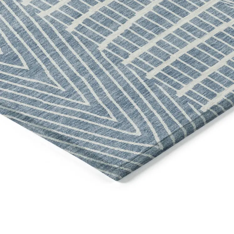 3' X 5' Denim Blue And Ivory Geometric Washable Indoor Outdoor Area Rug