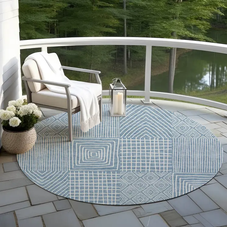 8' Denim Blue And Ivory Round Geometric Washable Indoor Outdoor Area Rug