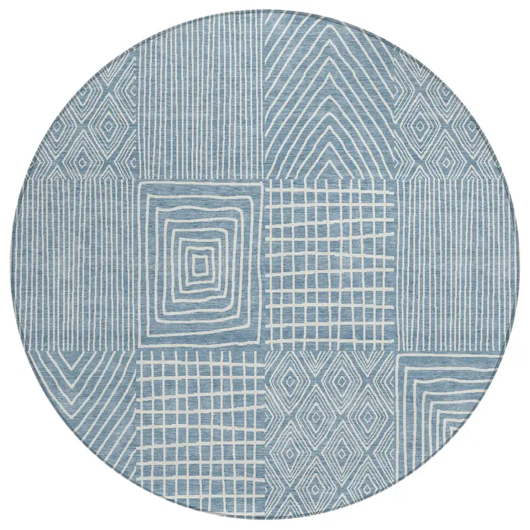 8' Denim Blue And Ivory Round Geometric Washable Indoor Outdoor Area Rug