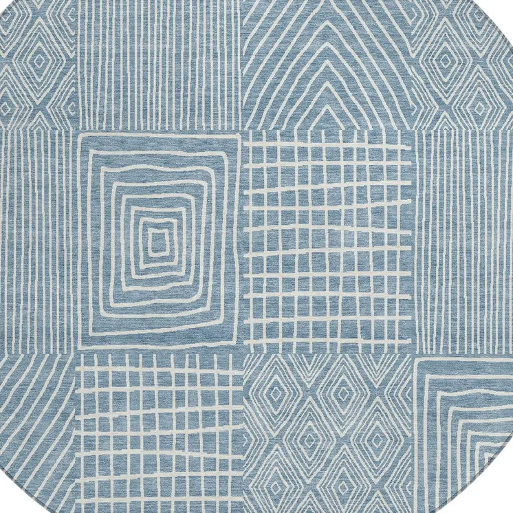 8' Denim Blue And Ivory Round Geometric Washable Indoor Outdoor Area Rug