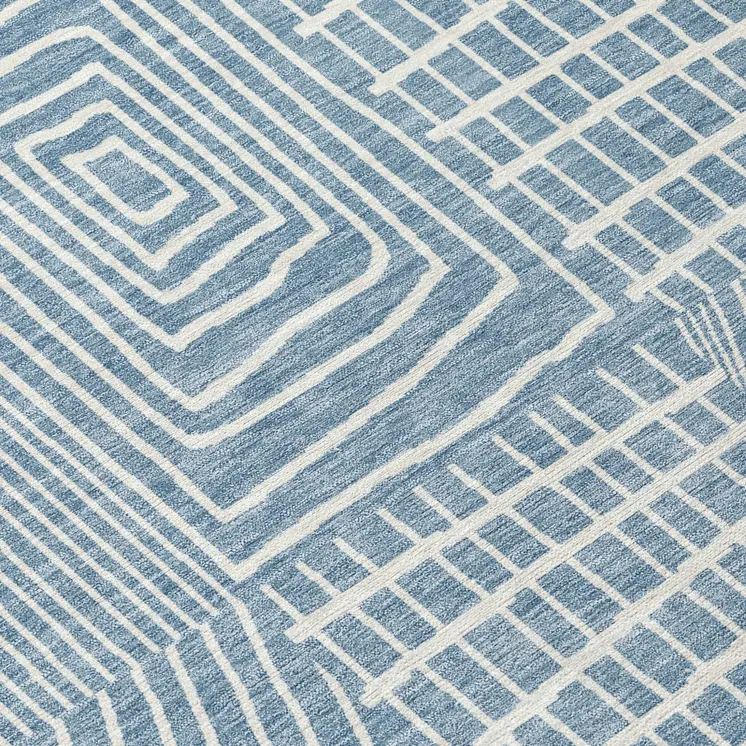 8' Denim Blue And Ivory Round Geometric Washable Indoor Outdoor Area Rug
