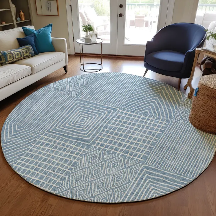 8' Denim Blue And Ivory Round Geometric Washable Indoor Outdoor Area Rug