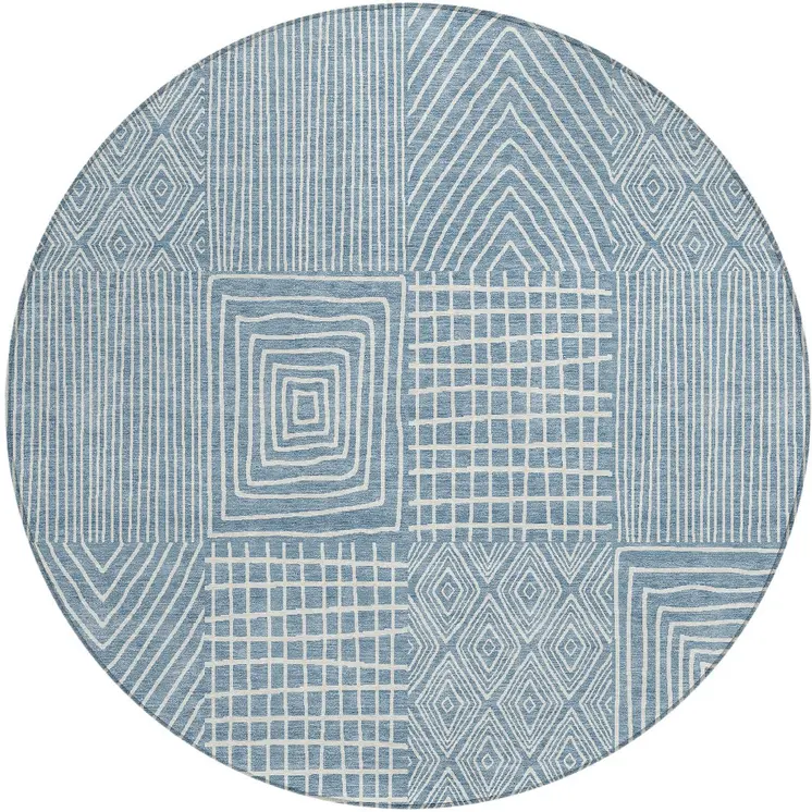 8' Denim Blue And Ivory Round Geometric Washable Indoor Outdoor Area Rug
