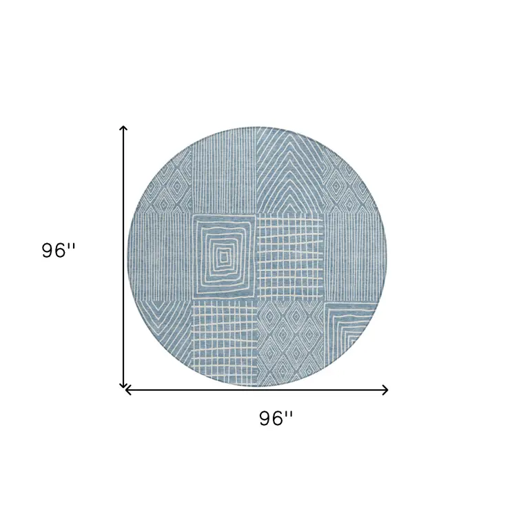 8' Denim Blue And Ivory Round Geometric Washable Indoor Outdoor Area Rug