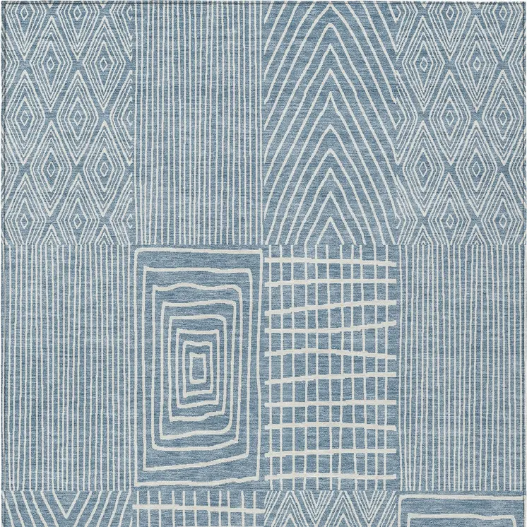 9' X 12' Denim Blue And Ivory Geometric Washable Indoor Outdoor Area Rug