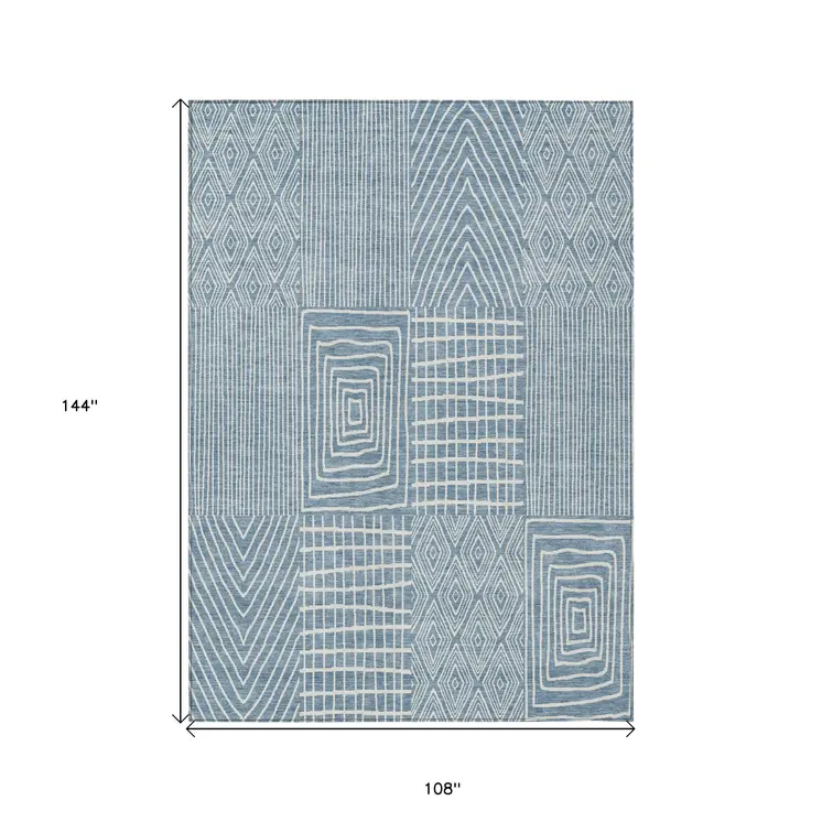 9' X 12' Denim Blue And Ivory Geometric Washable Indoor Outdoor Area Rug