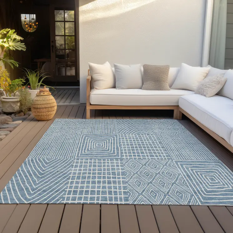 9' X 12' Denim Blue And Ivory Geometric Washable Indoor Outdoor Area Rug