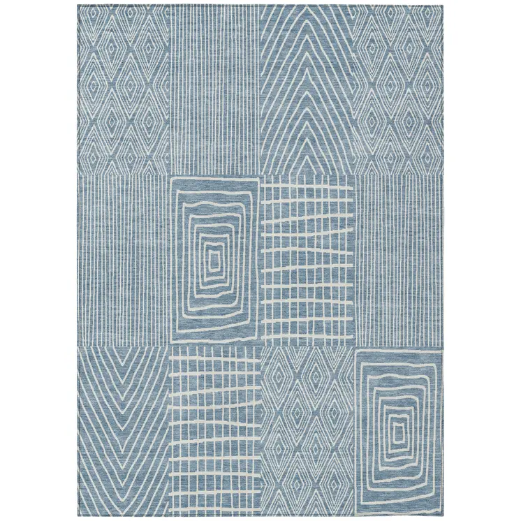 9' X 12' Denim Blue And Ivory Geometric Washable Indoor Outdoor Area Rug