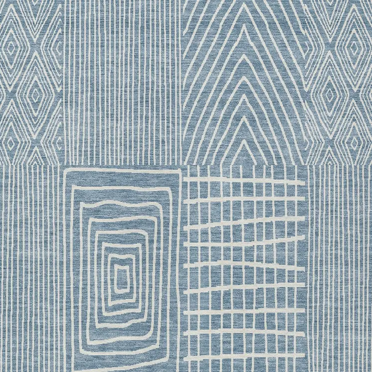 9' X 12' Denim Blue And Ivory Geometric Washable Indoor Outdoor Area Rug