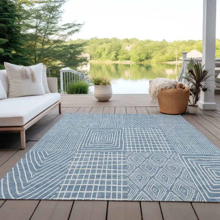 9' X 12' Denim Blue And Ivory Geometric Washable Indoor Outdoor Area Rug