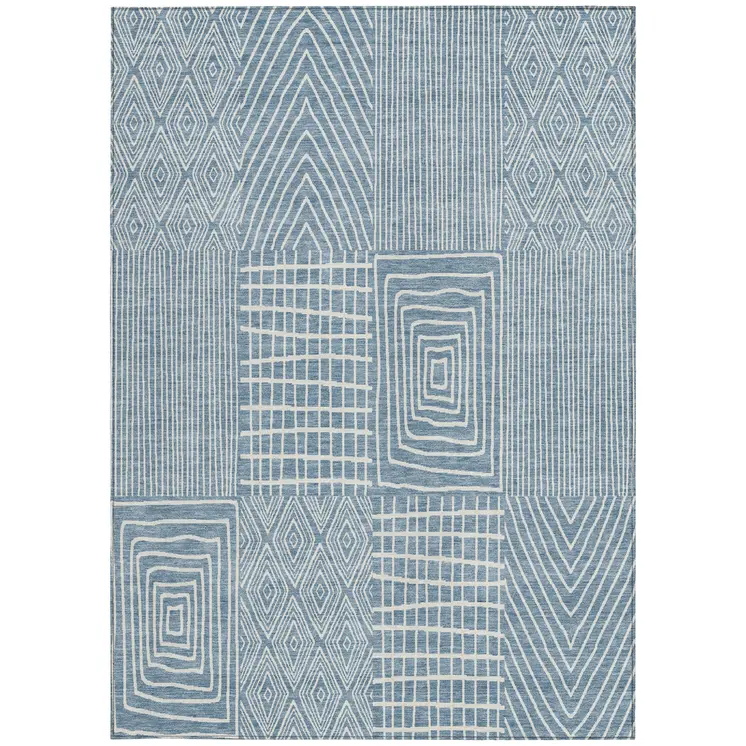 10' X 14' Denim Blue And Ivory Geometric Washable Indoor Outdoor Area Rug