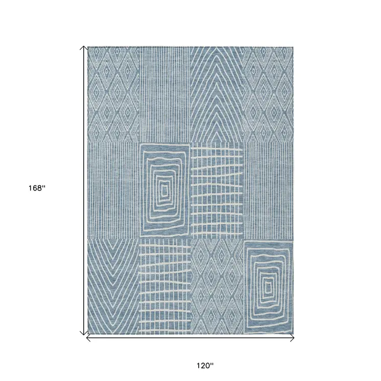 10' X 14' Denim Blue And Ivory Geometric Washable Indoor Outdoor Area Rug