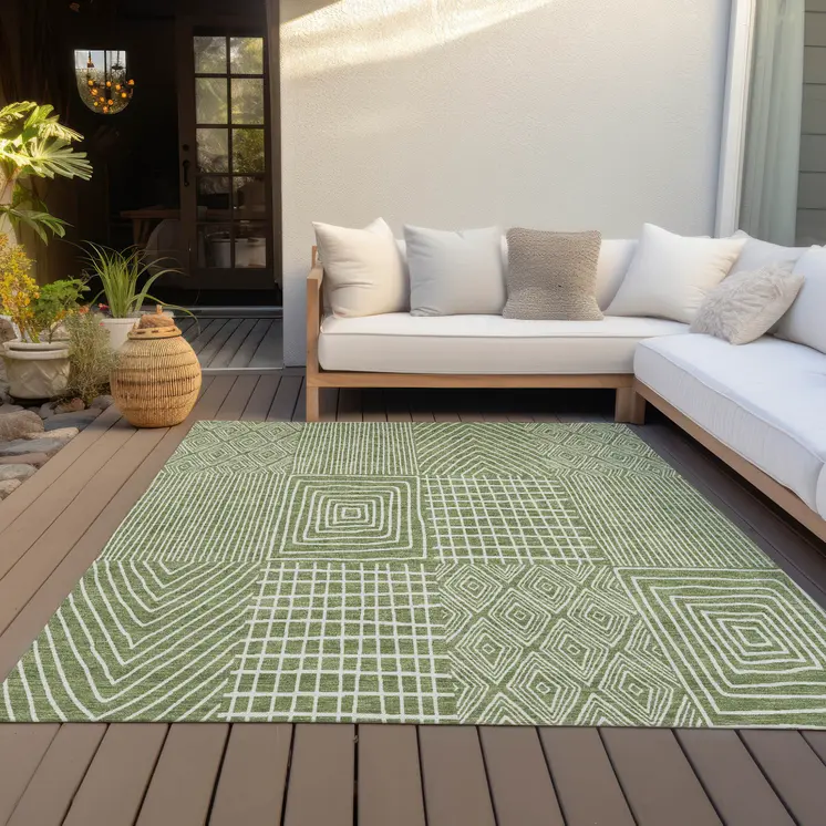 3' X 5' Green And Ivory Geometric Washable Indoor Outdoor Area Rug