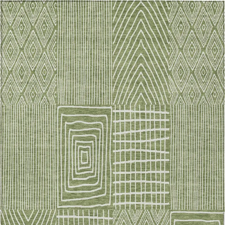3' X 5' Green And Ivory Geometric Washable Indoor Outdoor Area Rug