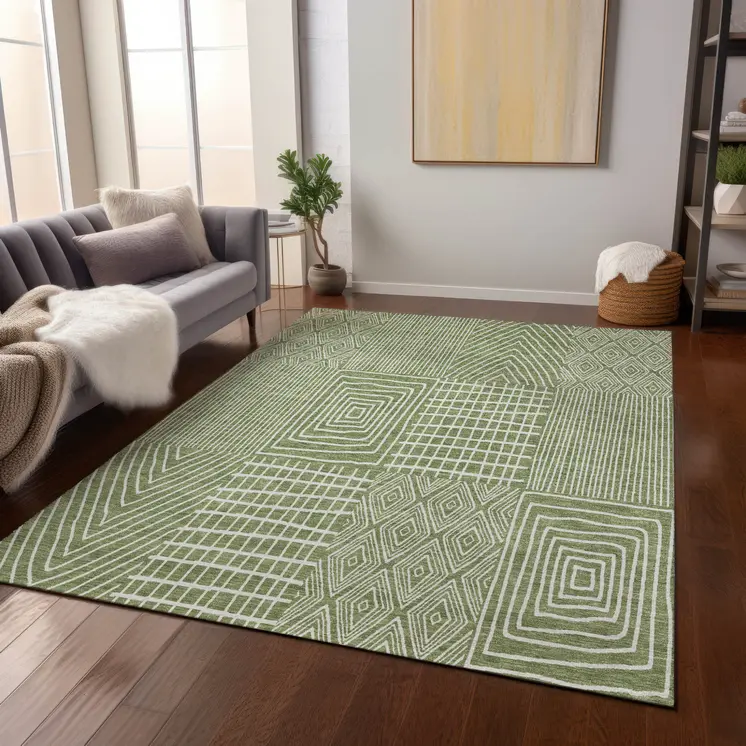 3' X 5' Green And Ivory Geometric Washable Indoor Outdoor Area Rug