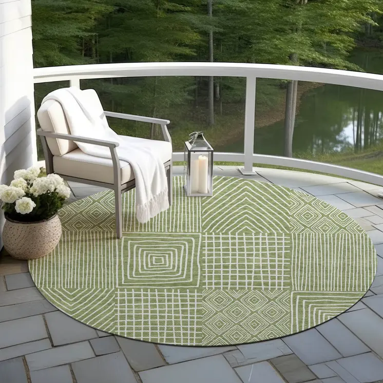8' Green And Ivory Round Geometric Washable Indoor Outdoor Area Rug