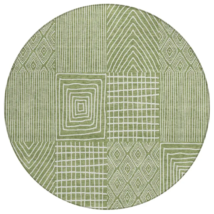 8' Green And Ivory Round Geometric Washable Indoor Outdoor Area Rug