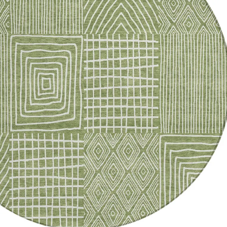 8' Green And Ivory Round Geometric Washable Indoor Outdoor Area Rug