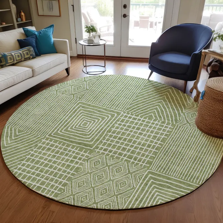 8' Green And Ivory Round Geometric Washable Indoor Outdoor Area Rug