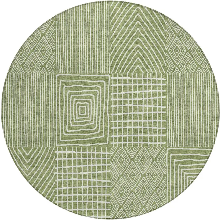 8' Green And Ivory Round Geometric Washable Indoor Outdoor Area Rug