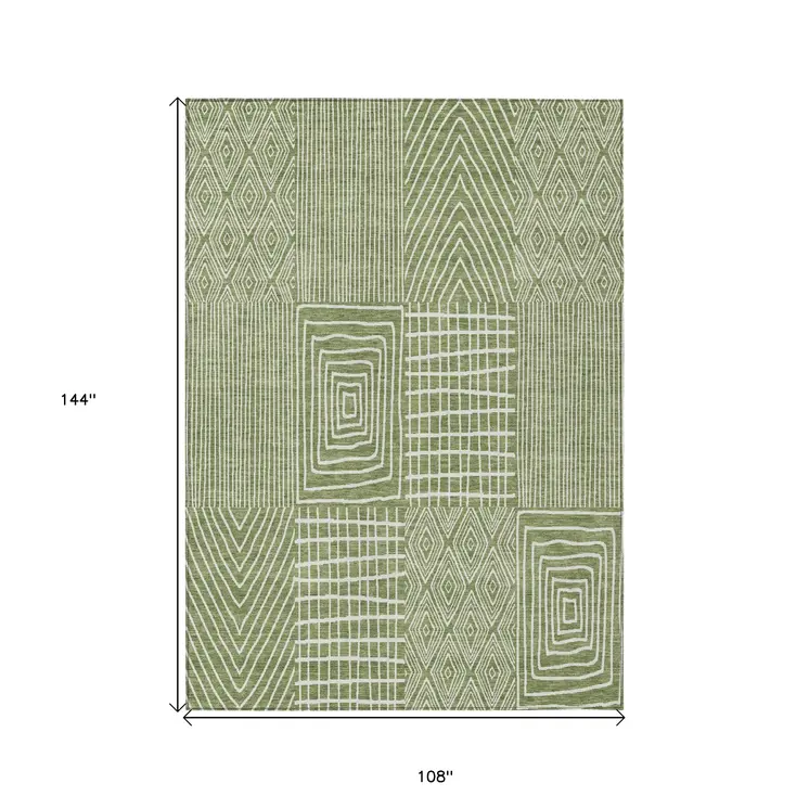 9' X 12' Green And Ivory Geometric Washable Indoor Outdoor Area Rug