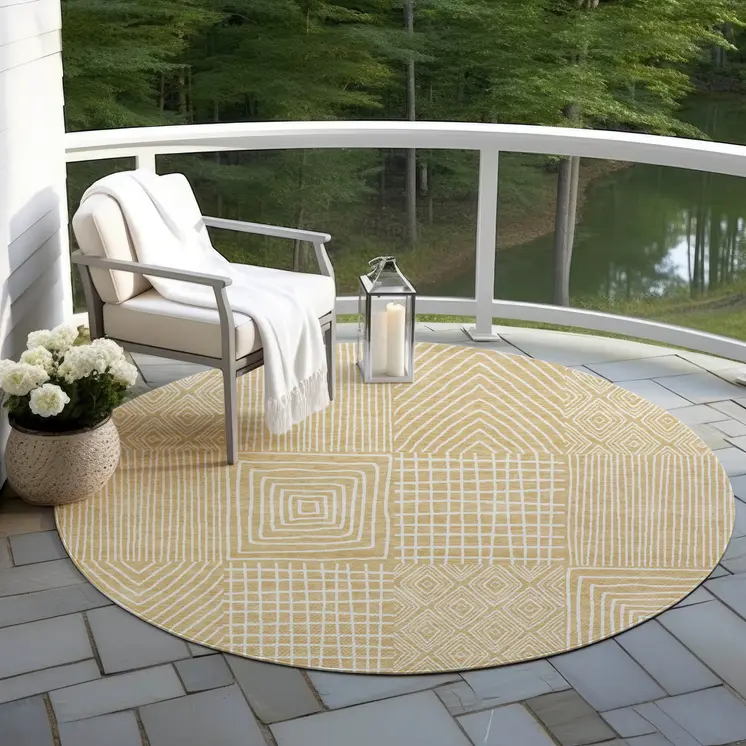 8' Gold And Ivory Round Geometric Washable Indoor Outdoor Area Rug
